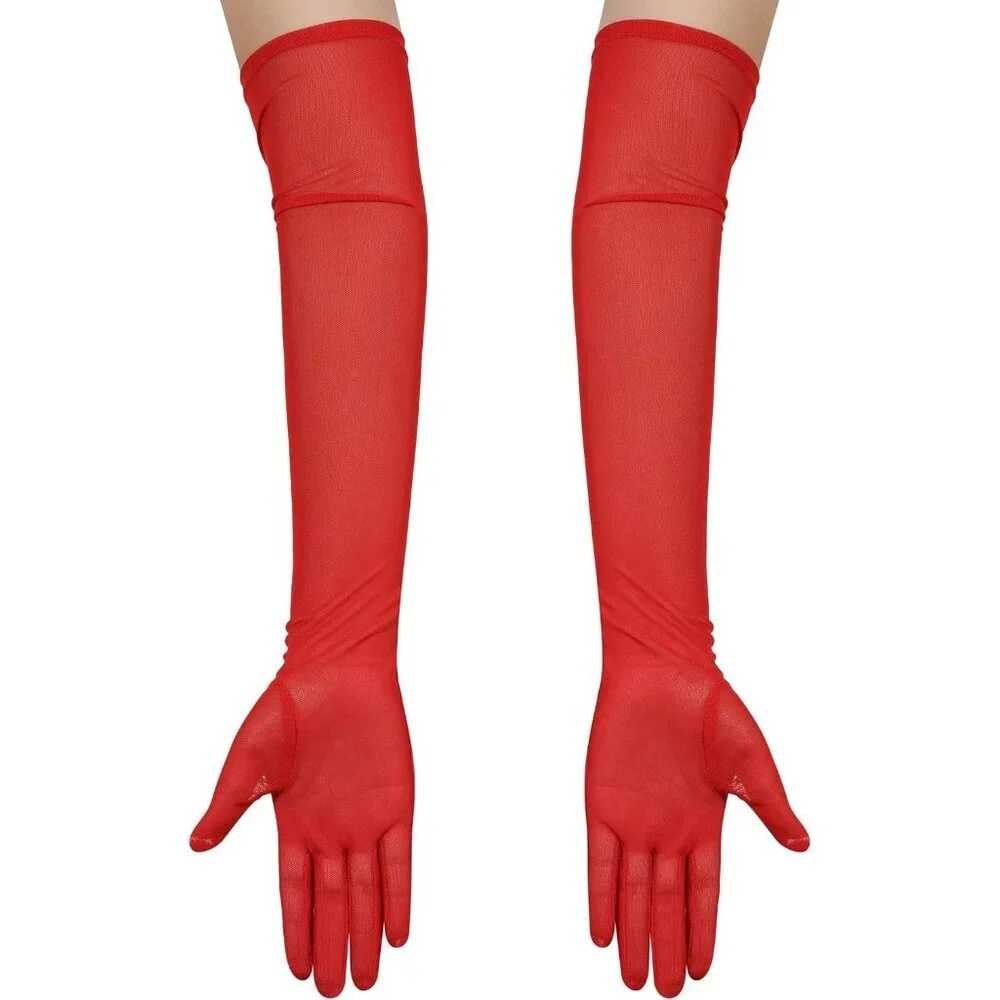 Women's Tulle Mesh Red Long Stretchy Gloves Halloween Party Wedding Costume